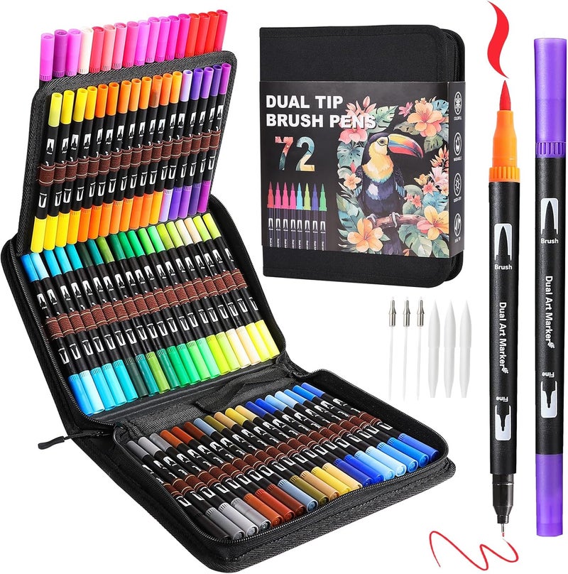 TOSHARE Art Markers Pens Dual Tip Coloring Markers Set with Brush & Fine Nib for Adult Coloring Book Christmas Gifts Professional Calligraphy & Drawing Art Supplies Kit for Adults (72 Colors) - Image 1